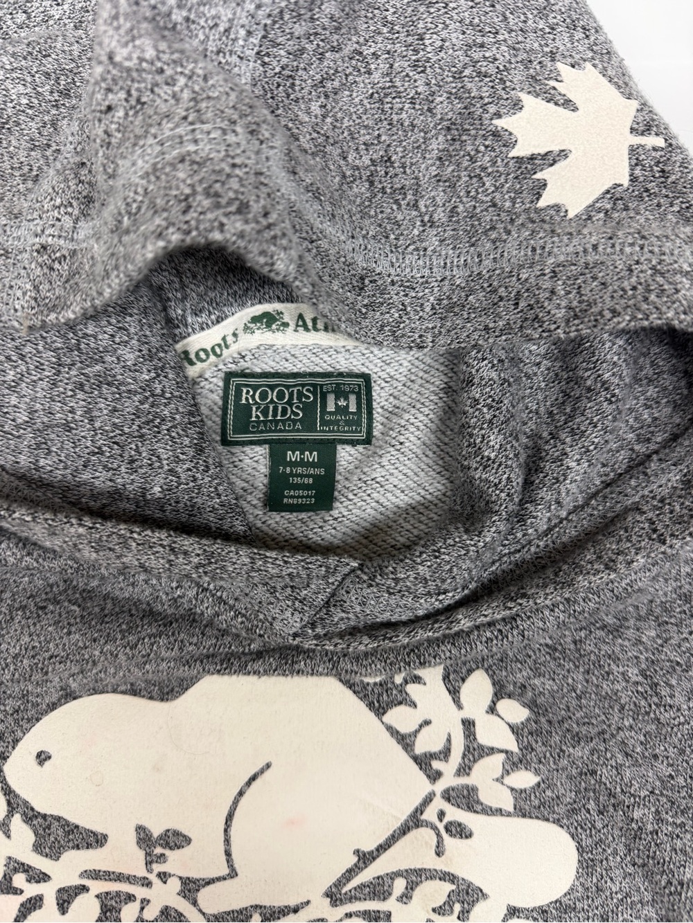 Roots Grey Crewneck Sweater with White Maple & Beaver Graphic